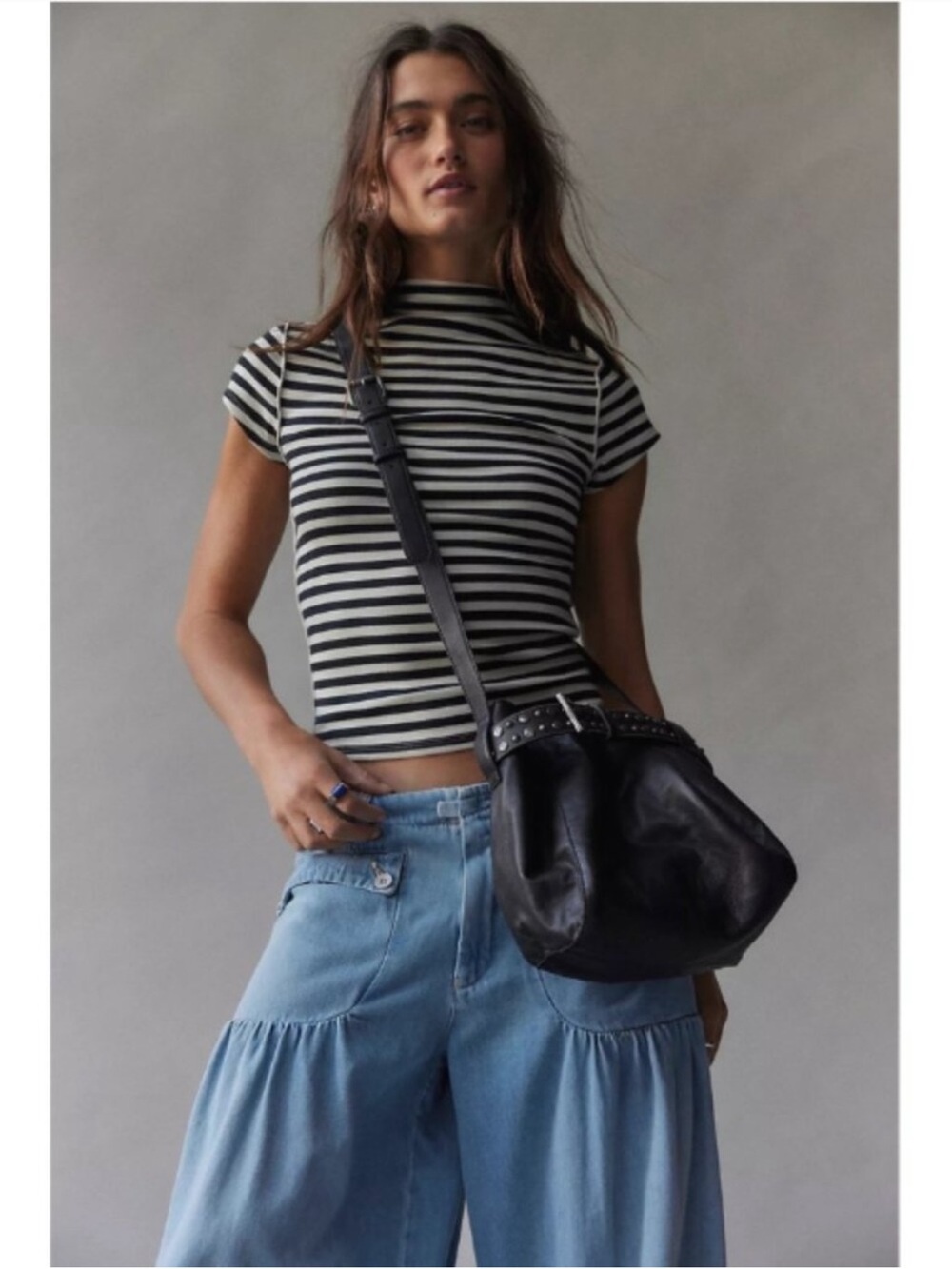Free People Black Leather Studded Belt-Detail Bucket Shoulder Bag - Picture 1 of 9